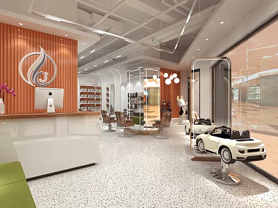 Modern Hair And Beauty Salon Interior With Styling Chairs Reception Desk And Decor 3d model