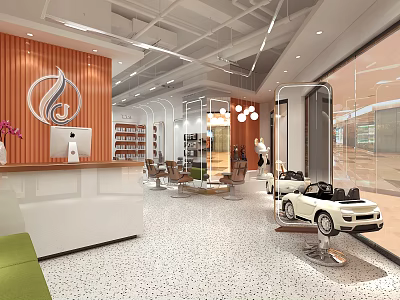Modern Hair And Beauty Salon Interior With Styling Chairs Reception Desk And Decor 3d model
