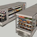 Store Display Shelving Units with Glass Doors Holding Assorted Food Products