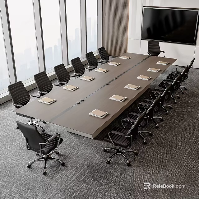 Modern Spacious Conference Room With Large Table Black Chairs And City View Windows 3d model 