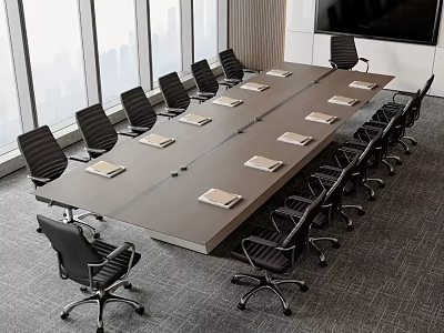 Modern Spacious Conference Room With Large Table Black Chairs And City View Windows 3d model