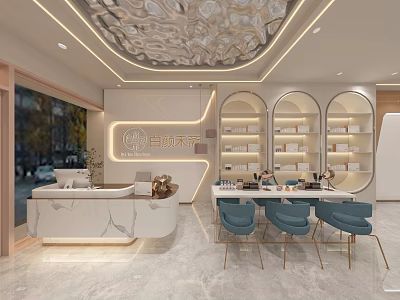 Luxury Beauty Hair Salon with Front Desk Curved Bookshelves Marble Countertops Blue Chairs Pendant Lights 3d model