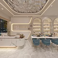Luxury Beauty Hair Salon with Front Desk Curved Bookshelves Marble Countertops Blue Chairs Pendant Lights