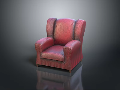 Classic Red Leather Armchair With Padded Armrests And Sturdy Wooden Legs 3d model