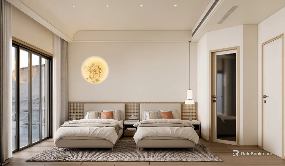 Hotel Guest Room With Twin Double Beds Round Artwork Floor To Ceiling Windows Wooden Flooring 3d model 