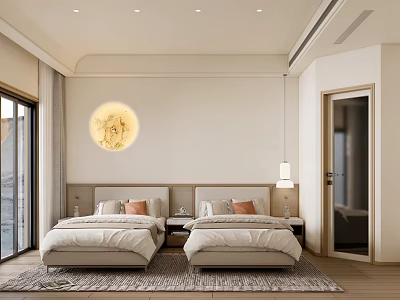 Hotel Guest Room With Twin Double Beds Round Artwork Floor To Ceiling Windows Wooden Flooring 3d model