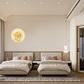 Hotel Guest Room With Twin Double Beds Round Artwork Floor To Ceiling Windows Wooden Flooring