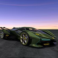 Green Sleek Modern Sports Car With Futuristic Design Golden Wheels And Sunset Sky