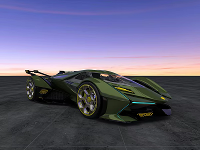 Green Sleek Modern Sports Car With Futuristic Design Golden Wheels And Sunset Sky 3d model