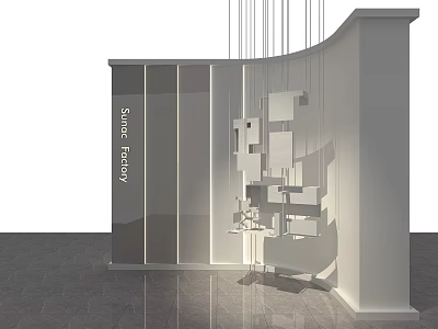 Modern Service Gallery With Curved White Walls Transparent Glass Partitions Hanging Geometric Decor Dark Flooring 3d model