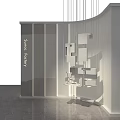 Modern Service Gallery With Curved White Walls Transparent Glass Partitions Hanging Geometric Decor Dark Flooring