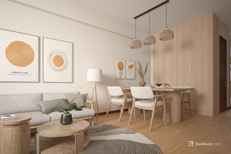 Cozy Minimalist Apartment Living Dining Area With Wooden Furniture And Art Prints 3d model 