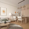 Cozy Minimalist Apartment Living Dining Area With Wooden Furniture And Art Prints