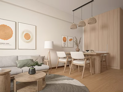 Cozy Minimalist Apartment Living Dining Area With Wooden Furniture And Art Prints 3d model
