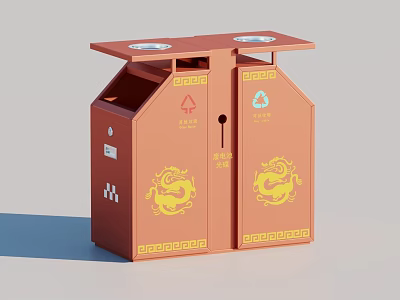 Orange Double Compartment Roadside Waste Bins With Decorative Recycling Symbols And Yellow Dragon Patterns 3d model