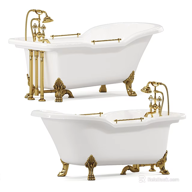 White Vintage Bathtub With Gold Fixtures Ornate Legs And Classic Design 3d model 
