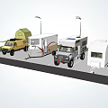 Campsite With Truck Tent Multiple RVs And Streetlights In Grassy Parking Area
