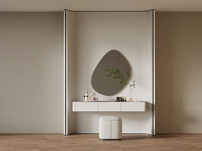 Modern Dressing Table With Oval Mirror White Stool And Skincare Products On Wooden Floor 3d model