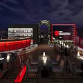 Elegant Rooftop Bar With Night Cityscape Bar Counter And Dining Tables 3d model