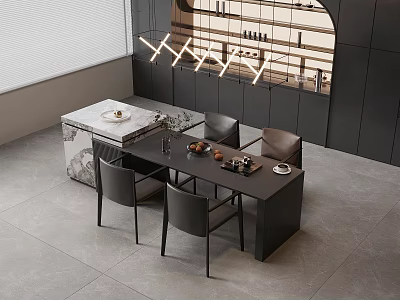 Modern Kitchen Interior With Marble Island Dining Table Chairs And Lighting 3d model