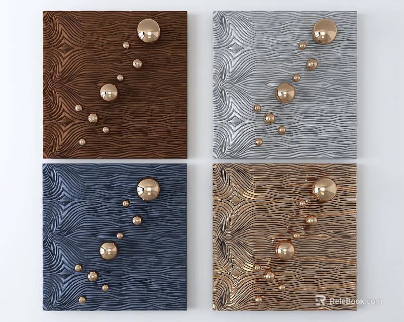 Modern Square Wall Decor with Wavy Texture Gold Spheres and Multiple Colors 3d model
