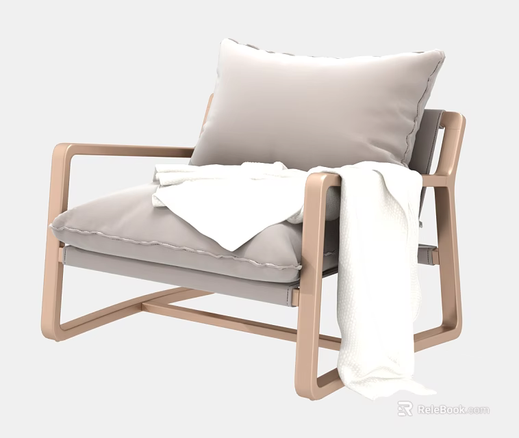 Living Room Comfortable Armchair With Light Wooden Frame Light Gray Cushion And White Blanket 3d model 