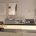 Modern TV Stand with Decorative Items in Living Room Brown Leather Sofa and Framed Artworks