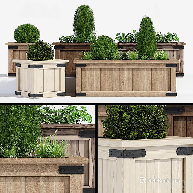 Garden Decorative Wooden Planters With Green Shrubs And Various Stylish Designs 3d model 