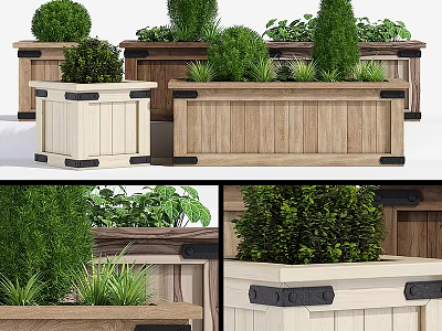 Garden Decorative Wooden Planters With Green Shrubs And Various Stylish Designs 3d model