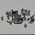 3D Model Medieval Castle Building With Stone Walls Towers Arched Gateways And Potted Plants
