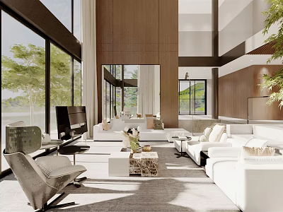 Duplex Living Room With Modern Interior Large Windows Natural Light And Comfortable Sofa 3d model