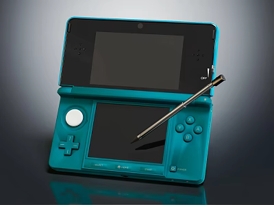 Blue Handheld Entertainment Console With Dual Screens Stylus And Control Buttons 3d model
