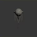Giant Textured Airship Tethered To Ground With Small Figure On Grassy Dirt Circle Dark Background