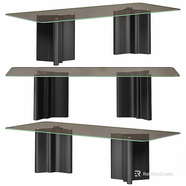 Modern Glass Table with Black Columnar Legs and Minimalist Stacked Design 3d model 