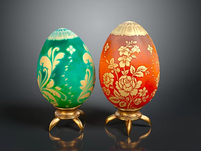 Green And Orange Decorative Eggs With Animal Gold Patterns On Stands 3d model