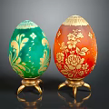 Green And Orange Decorative Eggs With Animal Gold Patterns On Stands