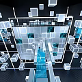 Futuristic Tech Interior With Transparent Blue Ceiling Cubes Dark Walls And Reflective Blue Floor