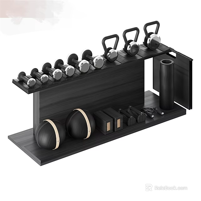Home Gym Fitness Equipment Storage Rack With Dumbbells Kettlebells And Medicine Balls 3d model 