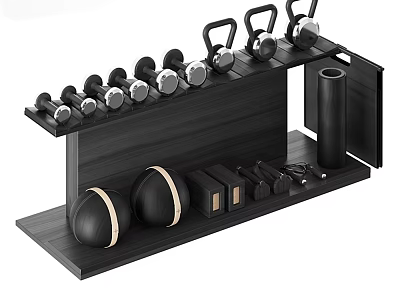 Home Gym Fitness Equipment Storage Rack With Dumbbells Kettlebells And Medicine Balls 3d model
