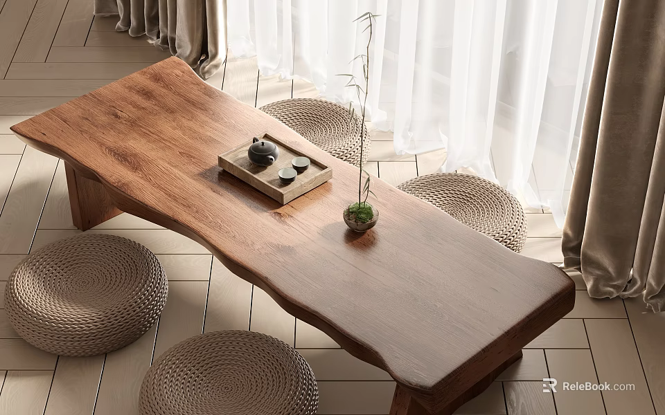 Natural Wooden Dining Table Set with Woven Stools Tray and Small Plant 3d model 