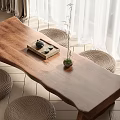 Natural Wooden Dining Table Set with Woven Stools Tray and Small Plant