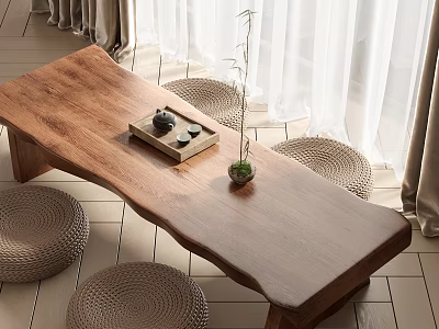 Natural Wooden Dining Table Set with Woven Stools Tray and Small Plant 3d model