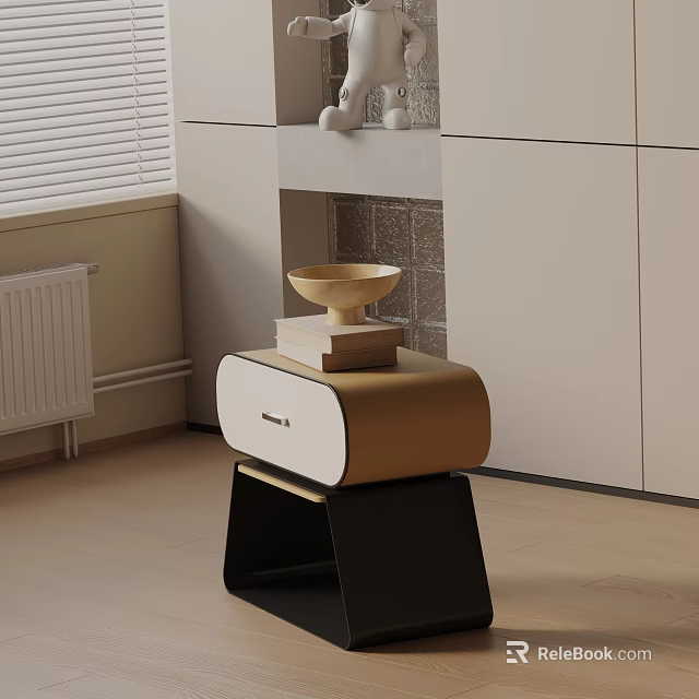 Modern Beige Brown Nightstand Design With Black Legs Bowl And Books On Top 3d model 