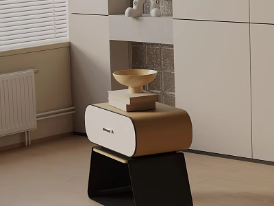 Modern Beige Brown Nightstand Design With Black Legs Bowl And Books On Top 3d model