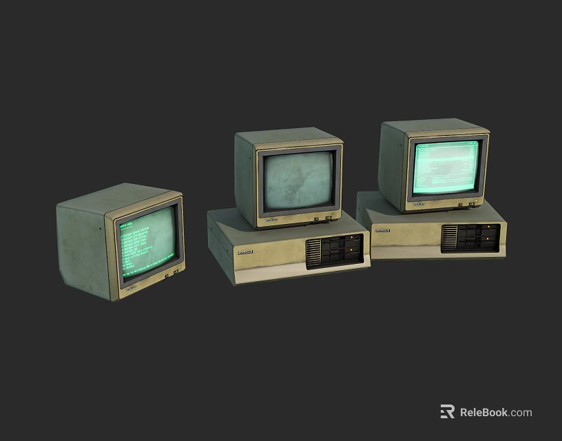 Vintage Retro Computers with Old CRT Monitors and Green Display Screens 3d model 