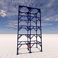 Public Facility Metal Tower Structure Blue Frame Construction With Person At Base Under Blue Sky