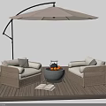 Outdoor Wicker Sofa Set On Wooden Deck With Umbrella And Coffee Table