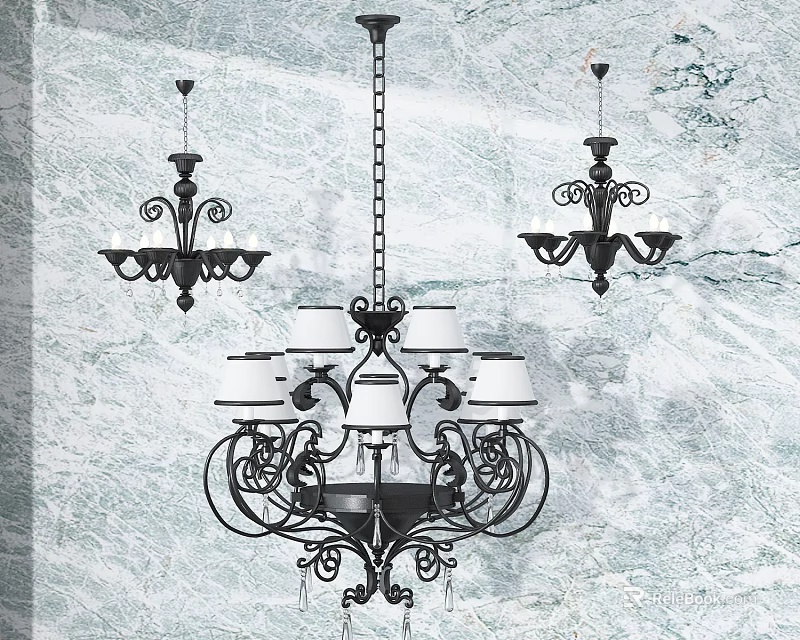 Classic Iron Chandelier With Ornate Scroll Design And Glass Shades For Interior Decor 3d model 