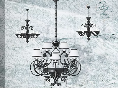 Classic Iron Chandelier With Ornate Scroll Design And Glass Shades For Interior Decor 3d model