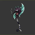 Vibrant Fantasy Weapon Featuring Curved Blade Seahorse Inspired Head Striped Handle And Glowing Accents
